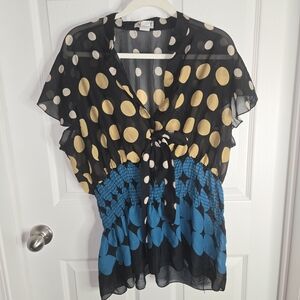 Elegant Polka Dot Sheer Blouse - Black, Gold, Blue